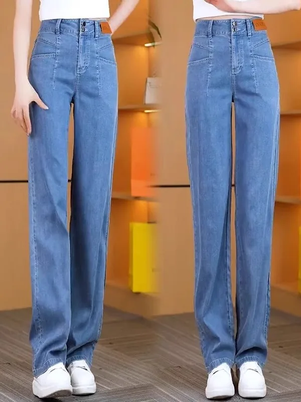 

Летние тонкие джинсы с высокой талией и драпировкой из ледяного шелка, широкие брюки прямого кроя, женские джинсовые брюки премиум-класса, длинная длина, Lig...