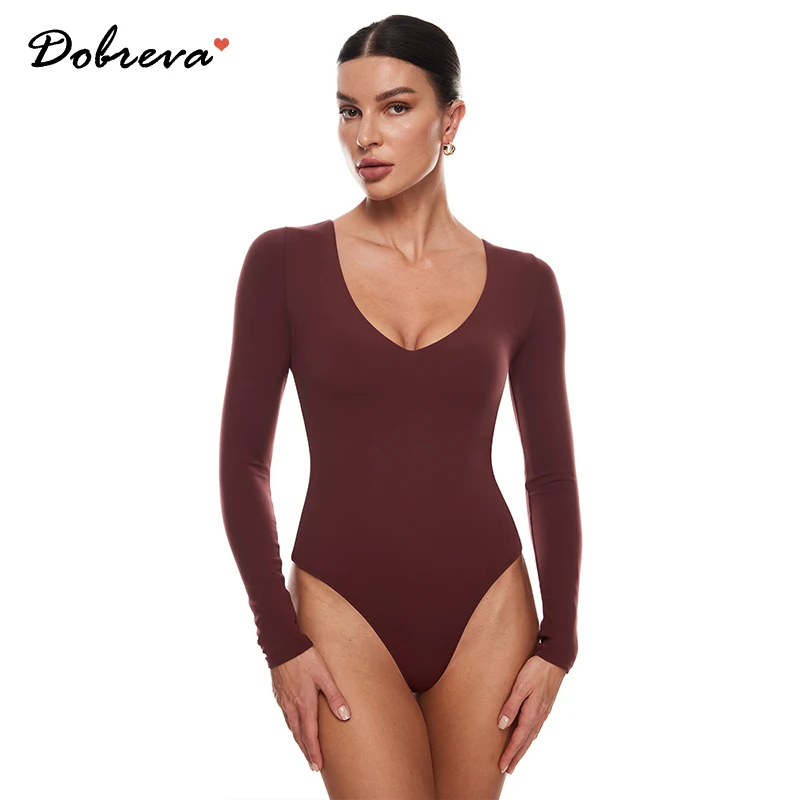 

Women's Cozzifree V Neck Long Sleeve Bodysuit Sexy Thong Body Suits Tops Double Lined Black White Red