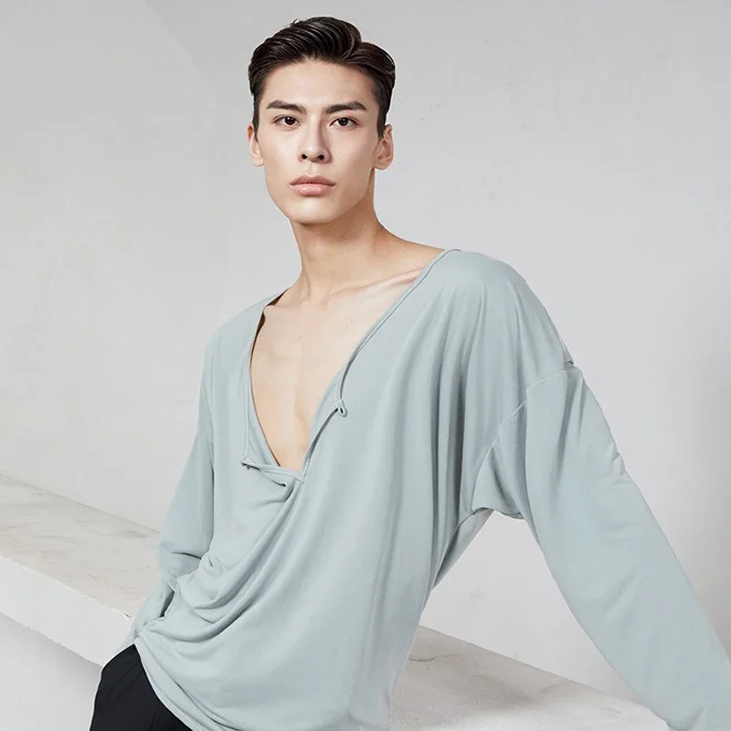 2024 Men Latin Dance Shirt Loose Long Sleeve V-Neck Latin Tops Ballroom Modern Salsa Tango Samba Laitn Shirt Dancewear SL5585