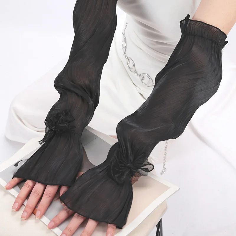 Fashion Summer Women Sun Protection Sleeves Ruffles Elegant Silk Lace UV Thin Sleeves Bow-knot Cycling Driving Arm Sleeves