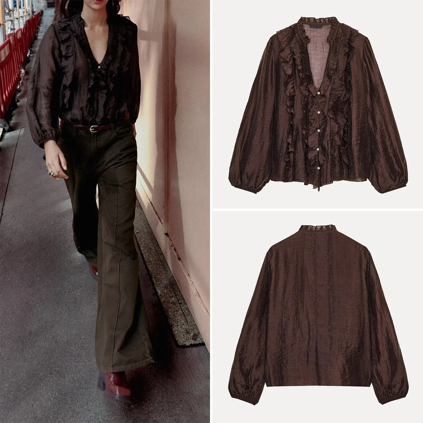 

Ele Layered Decorative irt Women's Faion Sle Autumn New Arrival V-ne Long Sve Loose Fit Thin Material Girl's D...