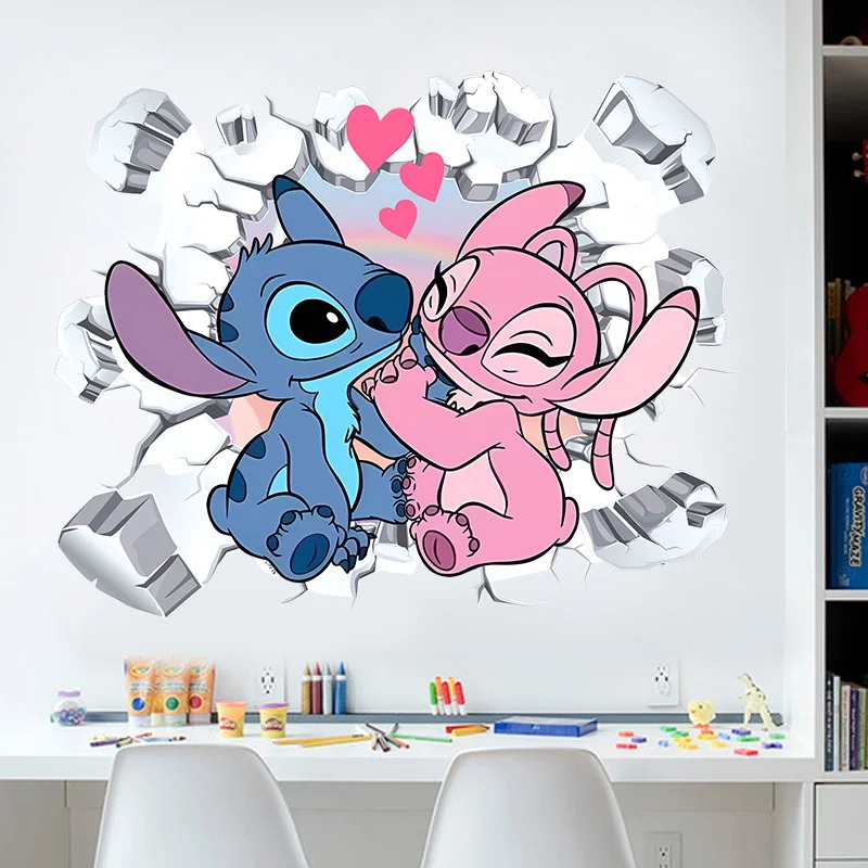 3D Broken Wall Lilo & Stitch Wall Stickers For Kid's Room Kindergarten Living Room Bedroom Wall Decoration Animated Poster