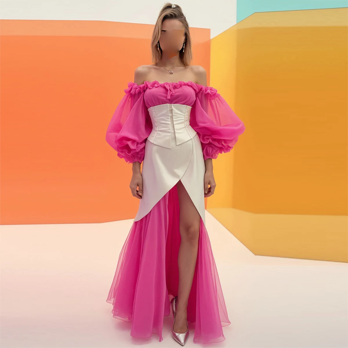 

Gorgeous Off The Shoulder Prom Dresses Fuchsia Ruffles Puffy Long Sleeves Satin And Tulle Evening Gowns High Low Party Dress