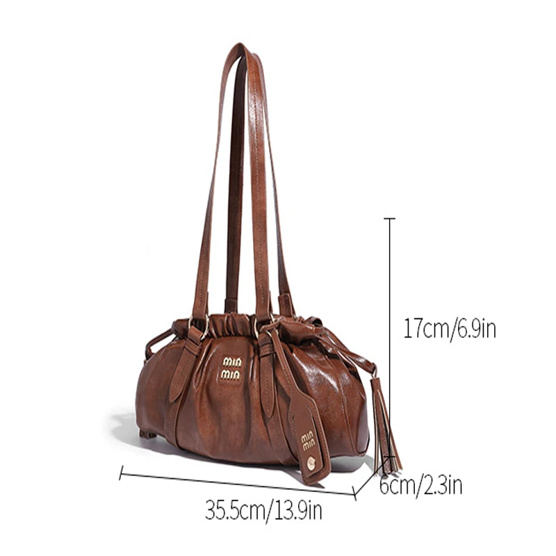 Women's Retro Casual Shoulder Bag Solid Leather Boston Frill Bag Fashionable Drawstring Tote Bag for Shopping Travel Work