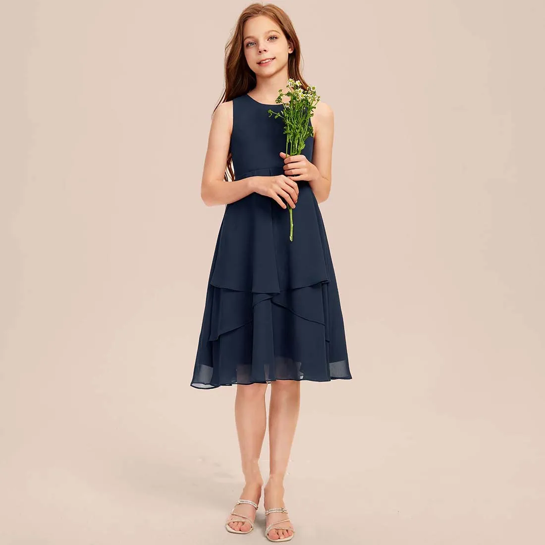 YZYmanualroom Chiffon Junior Bridesmaid Dress A-line Scoop Knee-Length 2-15T