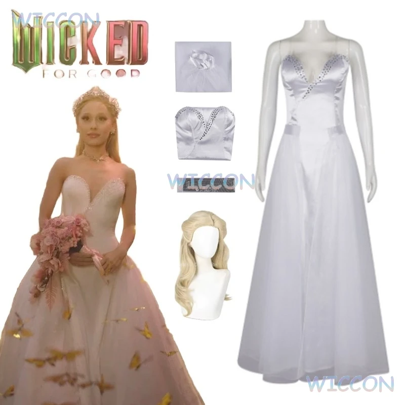 

Movie Wicked 2 For Good cosplay Glinda Cosplay White Dress Wig Sweet Suits Women Halloween Carnival Clothes