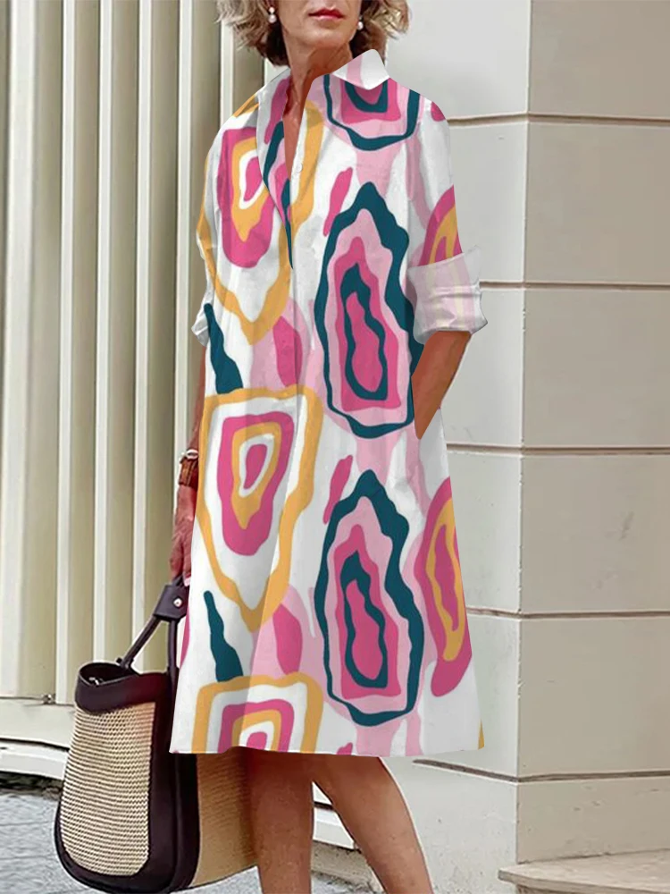 Creative Printed Women's Shirt Dress Stylish and Elegant Dress Outdoor Street Casual Long-Sleeved Shirt Dress Women's Clothes