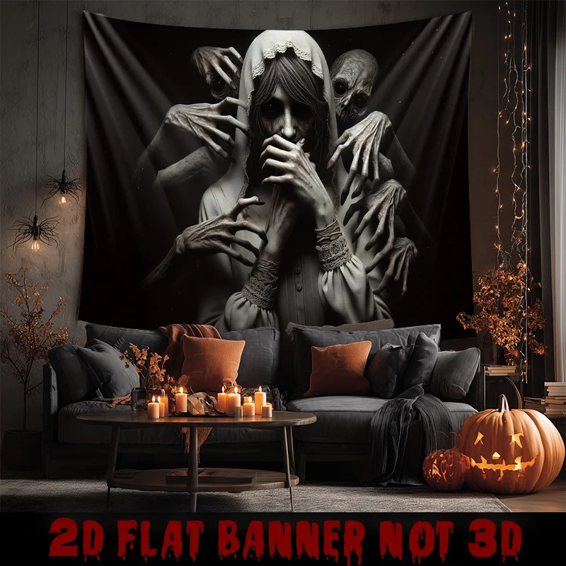 Terrified Woman & Skeleton Hand Horror Tapestry - Black & White Haunted House Wall Hanging, for Scary Party, Halloween Decor