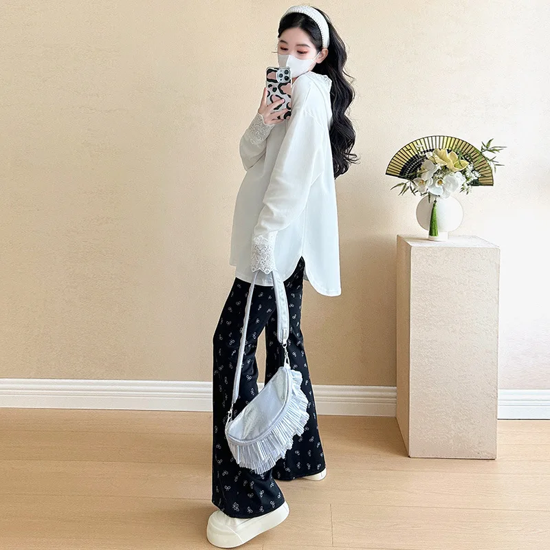 Conjunto de maternidad a la moda primavera otoño nuevo elegante Sudadera con capucha de encaje de manga larga y pantalones casuales traje de dos piezas