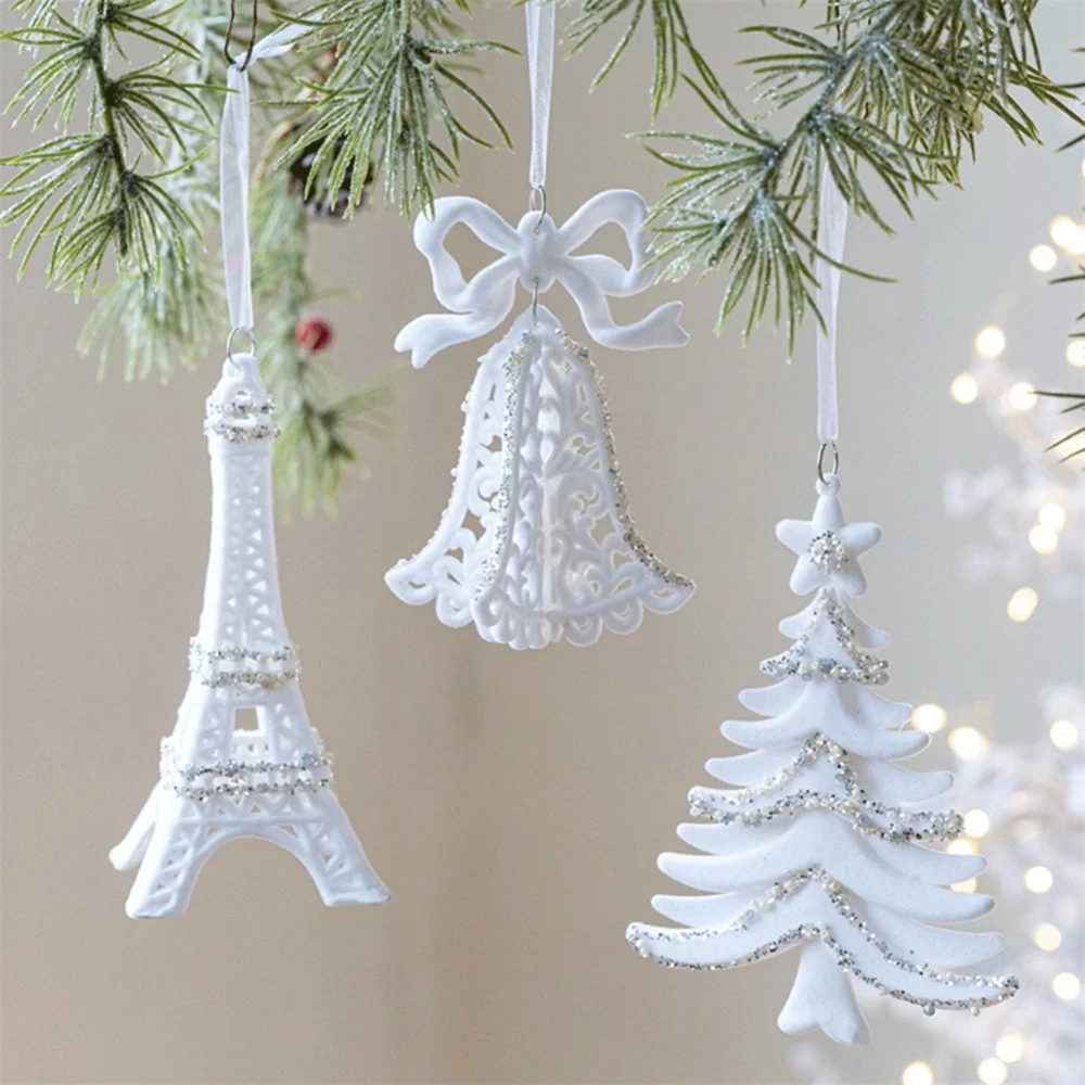 White Christmas Gecoration Flocking Pendant Bow Wreath Candy Christmas Tree Hanging Ornament Xmas New Year Party Home Decor