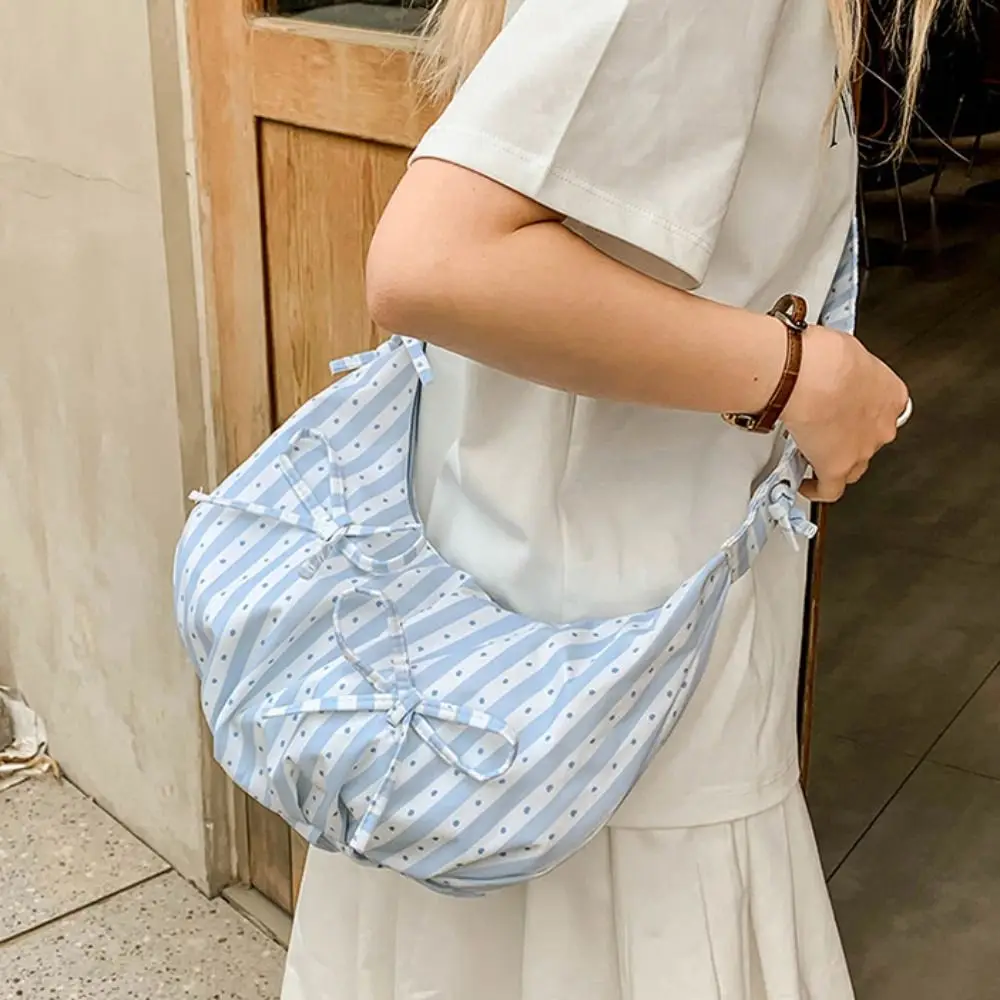 캐주얼 스위트 천 덤플링 백 신선한 색상 스트라이프 리본 토트백 언더암 백 전원풍 플리츠 숄더백 여행용