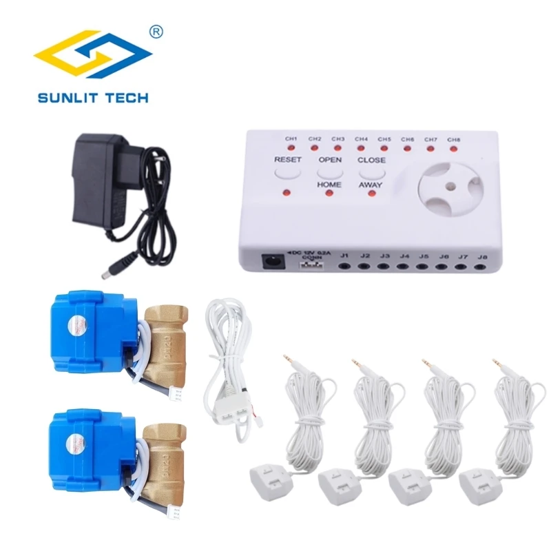 Water Leakage Detector Alarm System with DN15 or DN20 Vavle Crane and 4pcs Water Leak Sensor Cable for 1/2