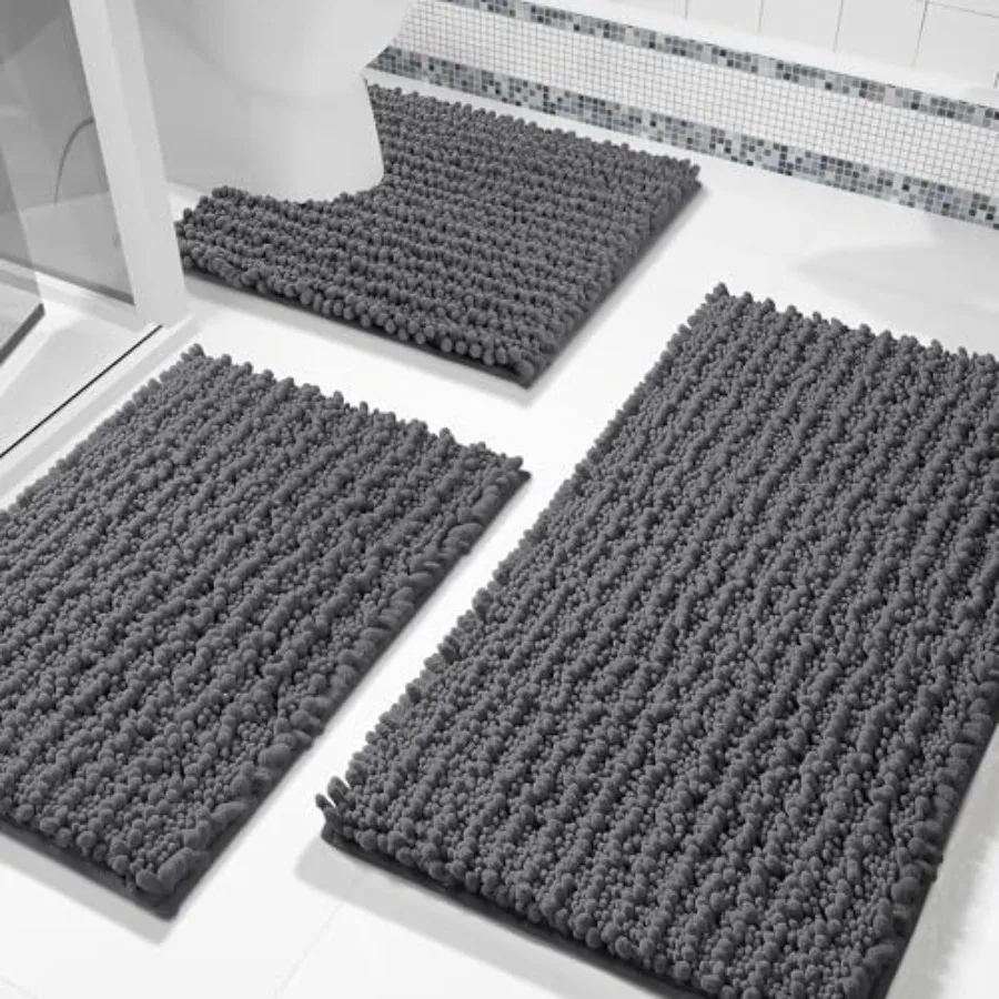 

Bathroom Rug Set 3 Pcs - Super Absorbent Quick Dry Chenille Bath Mats and Toilet Rug Non Slip Machine Washable Extra Thick Shag