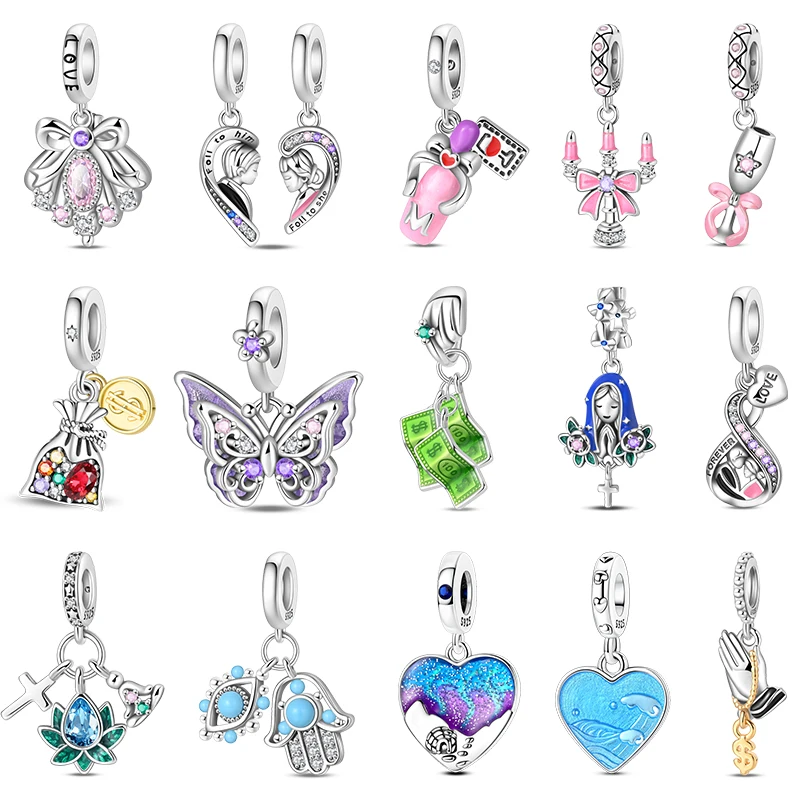 Original rosa Charms-Perlen aus 925er-Sterlingsilber, Herz-Anhänger für junge Mädchen, für Damen, romantischer Schmuck für Armband-Zubehör
