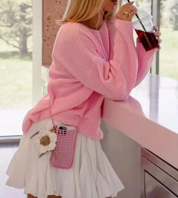 Słodki sweter damski Luźne swetry z dzianiny z okrągłym dekoltem Temperament Dojazdy do pracy Odzież codzienna Sweter z długim rękawem dla kobiet