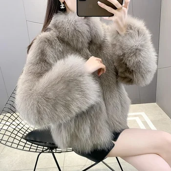 Image 2024 Female Faux Fur Tops Coat Winter Women Fashion Short Plush Overcoat Ladies Long Sleeves Integrated Fur leather Fur Jacket