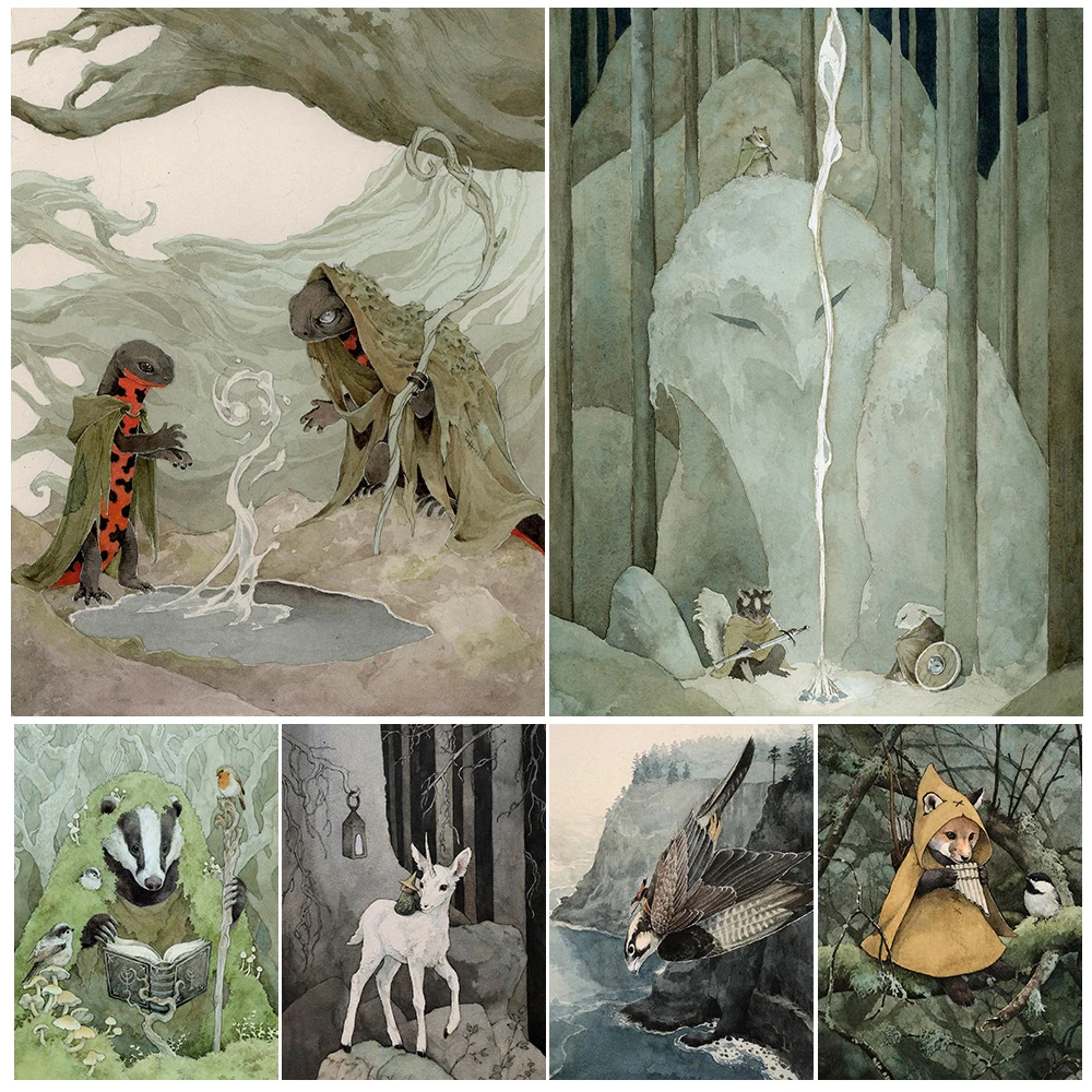 

Magical Creatures In The Secret Forest Vintage Wall Art Canvas Painting Owl Wizard&Unicorn Art Poster And Print Home Decoration