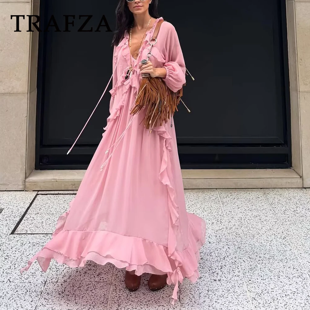 

TRAFZA 2025 Summer Casual Tierred Woman Dresses Lace-up V-Neck Draped Dress Draped Long Sleeve Loose Fashion Mujer Vestidos