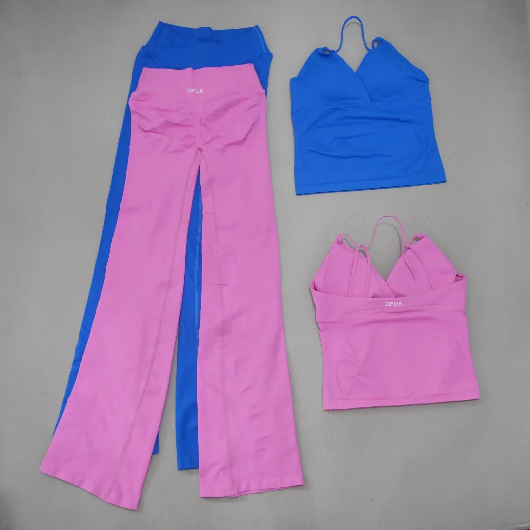 DFDK Gym Set Women 2 Piece Athleticwe Seamless Suit Halter Top Flares Pants Workout Clothes Sport Outfit Fitness Portswear