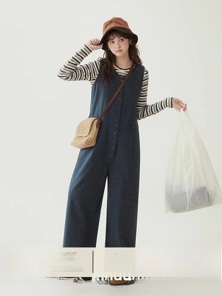 

AMUU Original Cotton Overalls Women's Early Spring New Style Single Button Pure Color Sleeveless Jumpsuit High Waist Long Pants