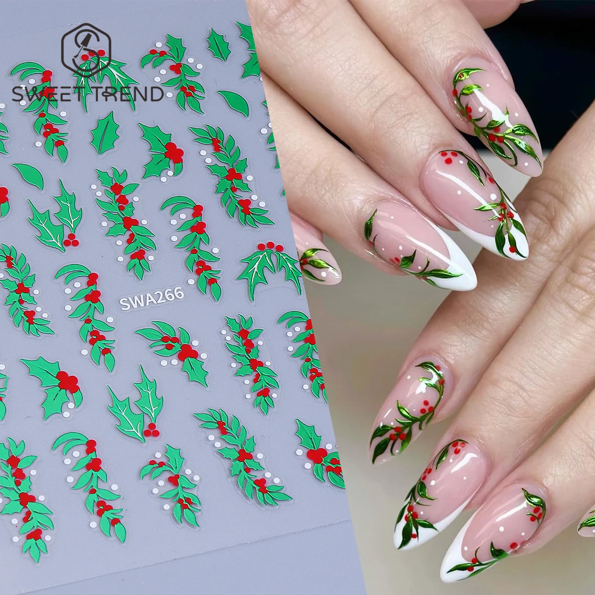 2pcs Winter Holly Berry Bow Nail Decals Metallic Green Leaf French Style Lace Bowknot Sticker Christmas Elegant Manicure Sliders