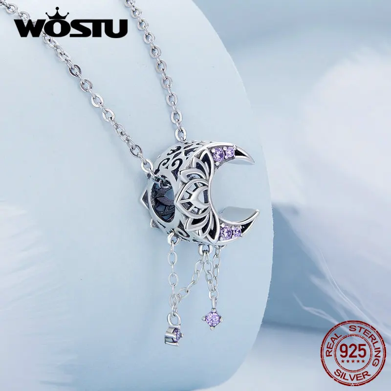 WOSTU 925 Sterling Silver Dreamy Purple Heart Charms Safety Chain Space Jewelry Beads Fit Original Bracelet DIY Bangle For Women