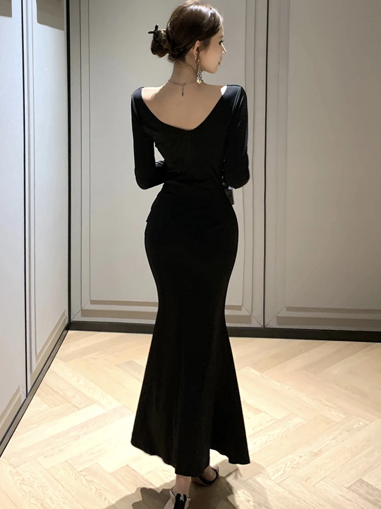 Black Patchwork Hollow Out Sexy V-Neck Dress for Women 2025 Korean Vintage Luxury Dress Autumn Winter Elegant Bodycon Prom Dress