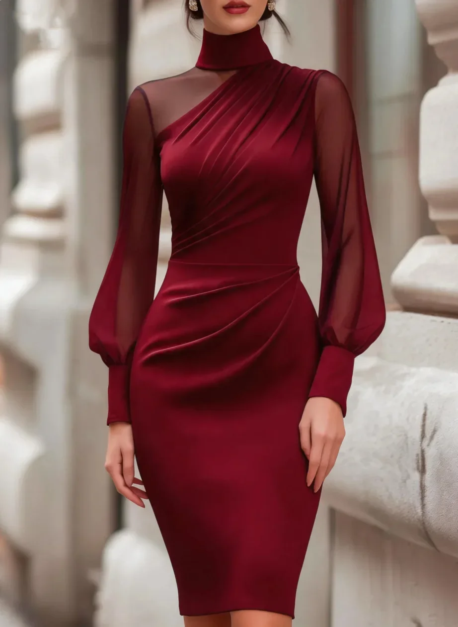 Women High Neck Long Sleeve Sheer Mesh Lantern Sleeve Ruched Bodycon Midi Dress - view 5