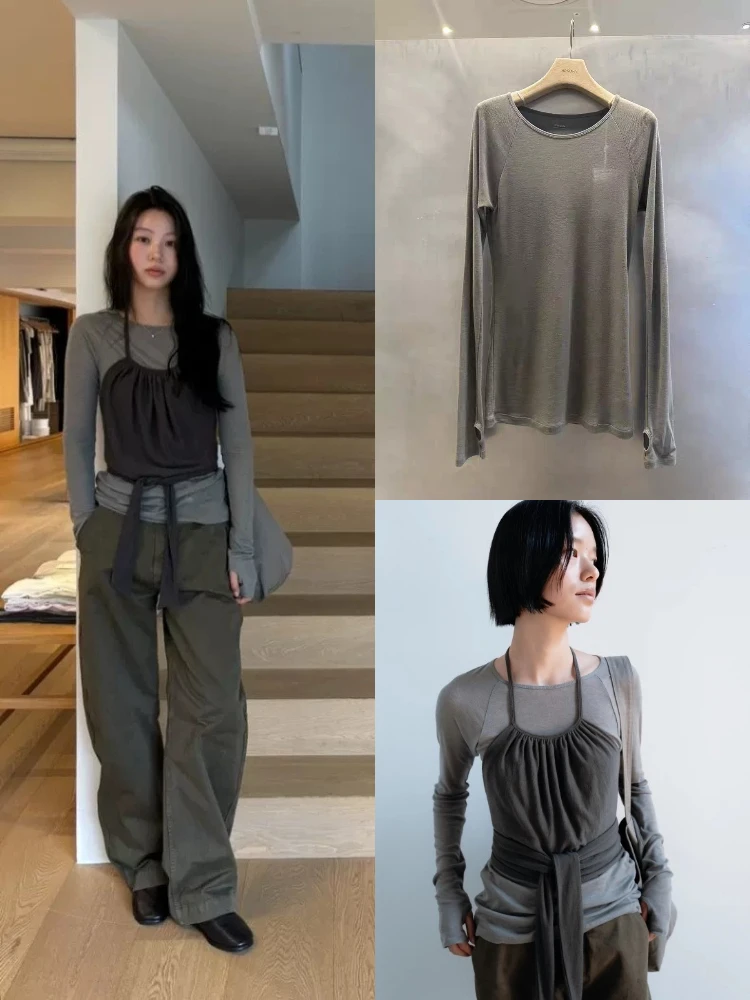 Cseta de manga larga con cuello redondo para mujer, conjunto de dos piezas con tirantes, color o, estilo casual Dongda ...