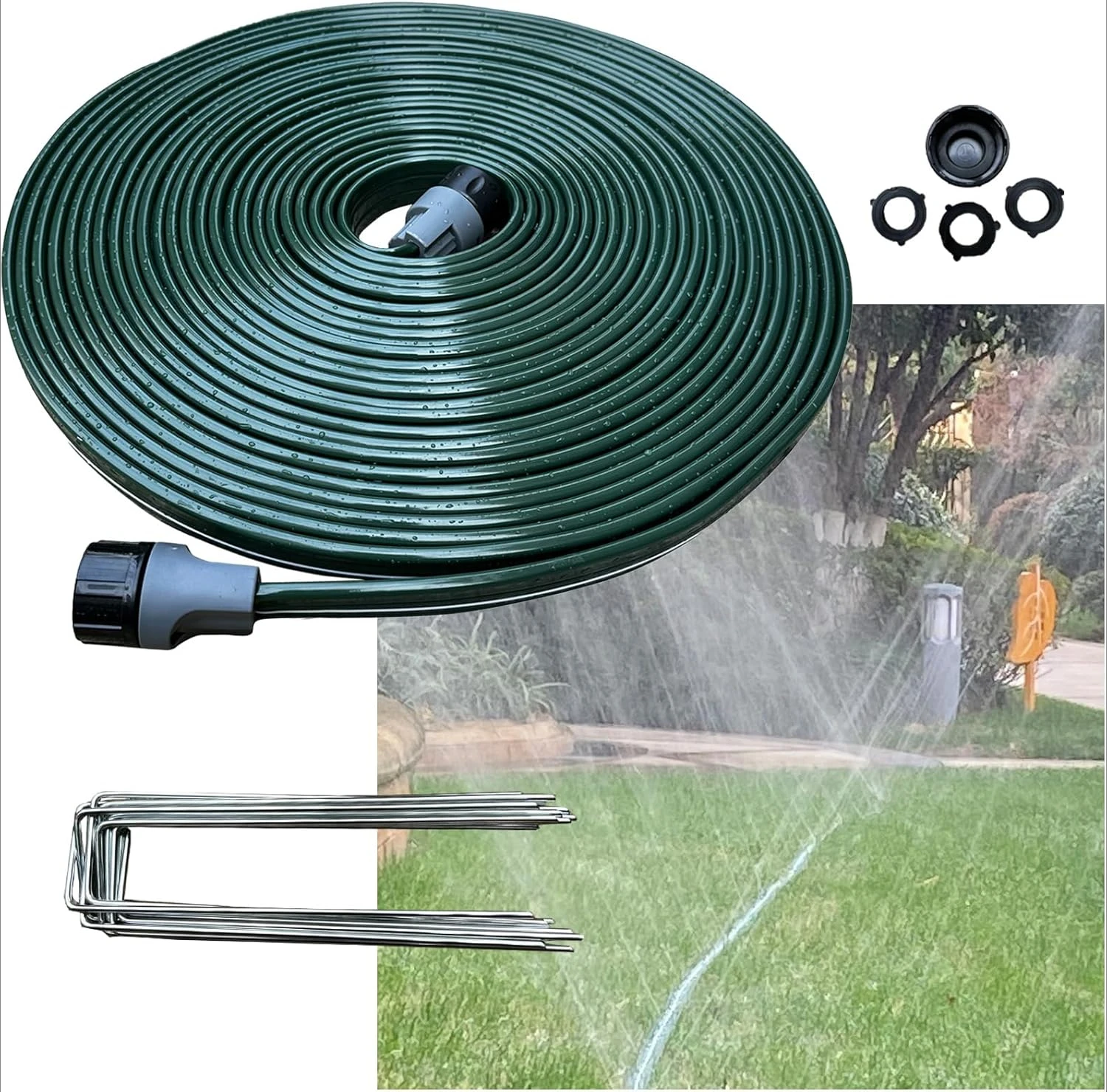 

2024 50 FT Flat Sprinkler Hose for Lawn Watering Garden Soaker hose with holes, Heavy Duty Lightweight No-Kink Water Hose