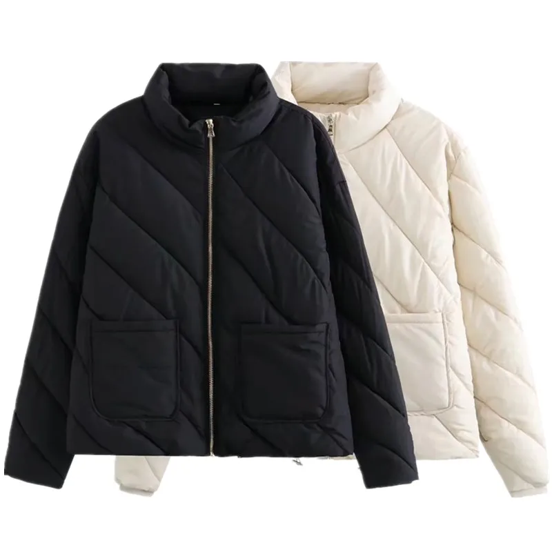 Moda preto diagonal ponto jaqueta de aodão outono inverno novo estilo f viagem casaco curto f de zíper manga longa