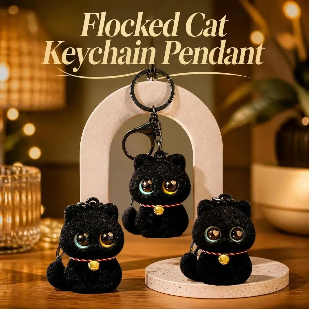 Stylish Flocked Material Cat Keychain Mini Big Eyes Bag Charm Lightweight Black Backpack Pendant Key Handbag Decor