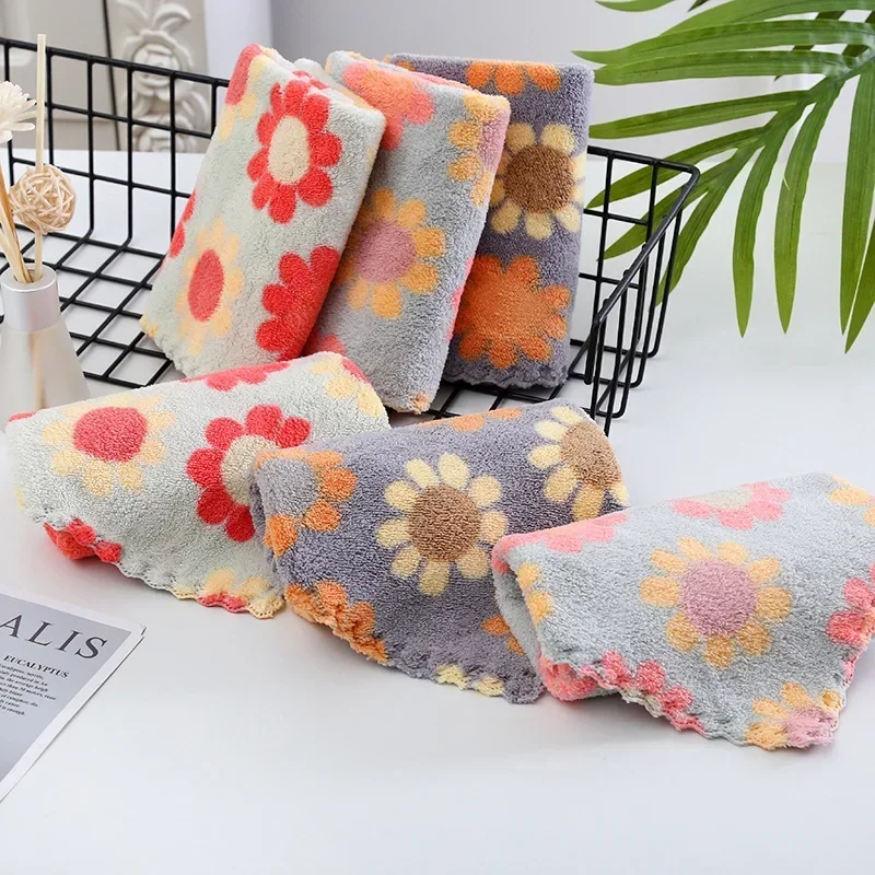 5Pcs 30X30CM Kitchen Cleaning Cloths Soft Absorbent Dishcloth Coral Fleece Sunflower Wiping Towel Rags Household Cleaning Cloth