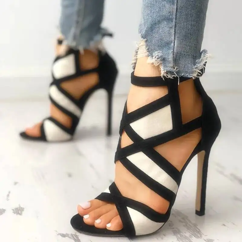 Pink Black Color Block Cutout Stiletto Sandals Women Open Toe Ankle Wrap Thin High Heel Pumps Female Footwear