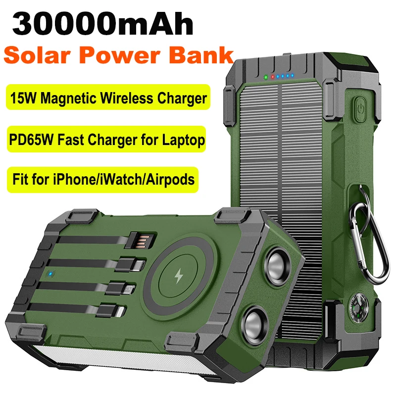 

Solar Power Bank 30000mAh Magnetic Wireless Charger PD 65W Fast Charging Powerbank for Laptop iPhone 17 iWatch Airpods Samsung