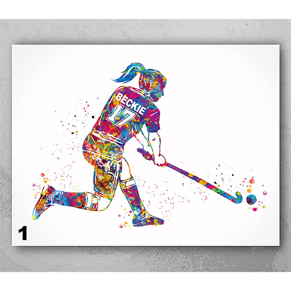 

Personalized Women Field Hockey Player Watercolor Poster Custom Name and Number Idea Field Hockey Gift Sports Girl Room Decor