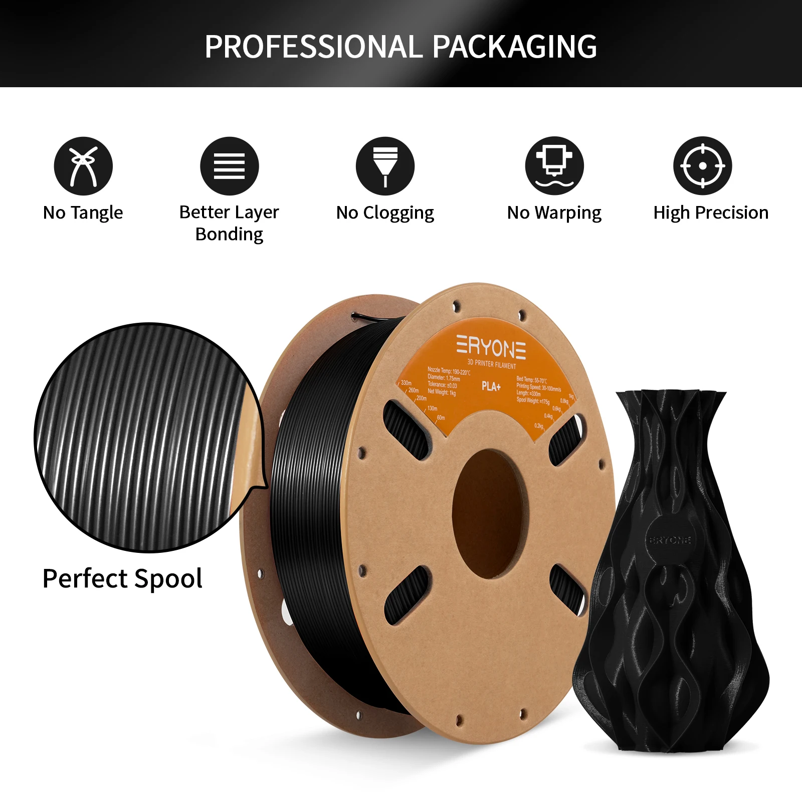 ERYONE PLA Plus Filament 1KG (2.2lbs) 1.75mm Diameter Excellent Quality For 3D Printing Filament ±0.03mm Tolerance Perfect Spool