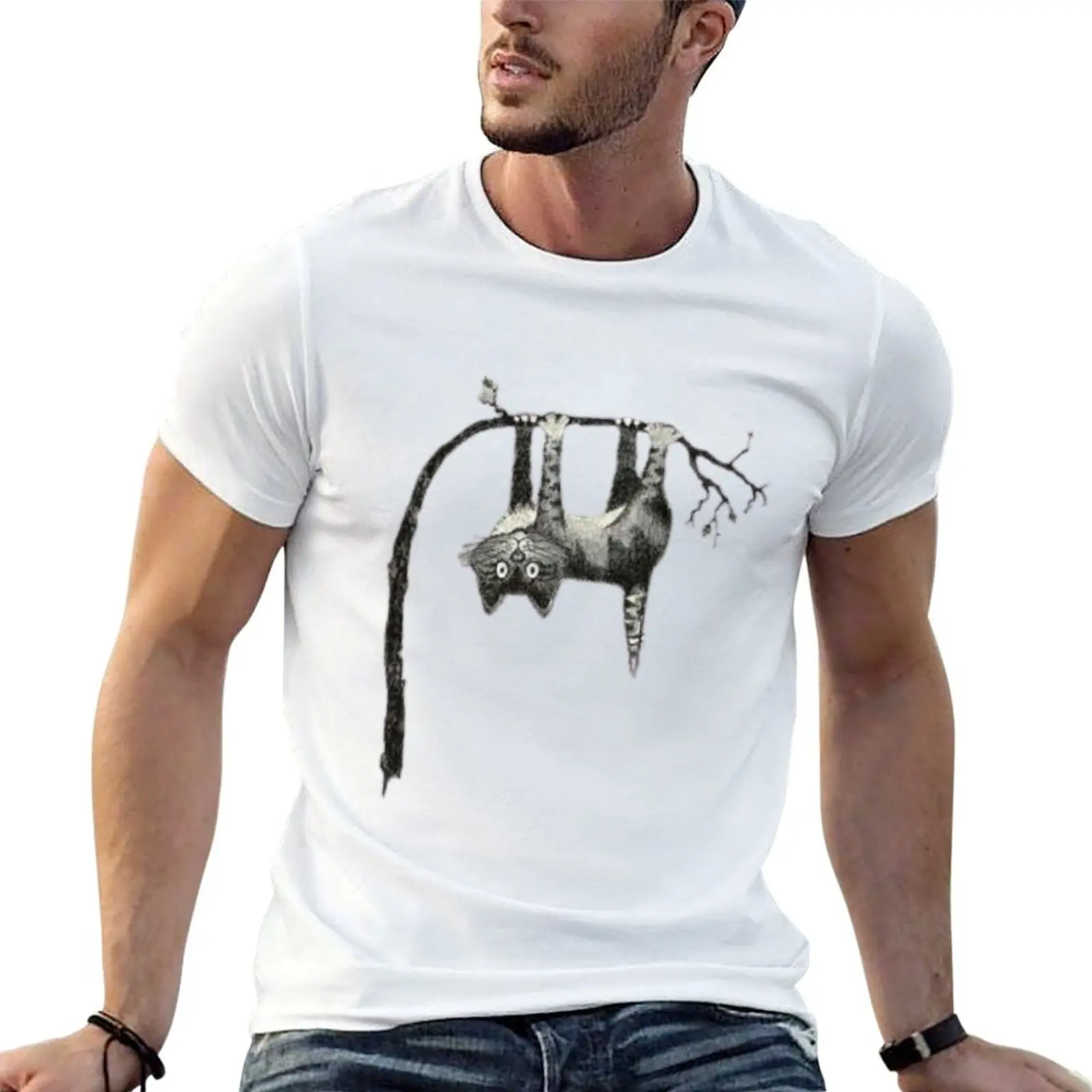 Hang loose black cat pocket art T-Shirt Large Size Breathable Tee