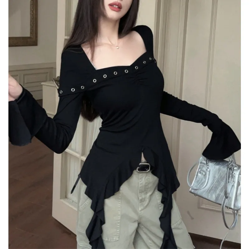 

Women Irregular Tops Vintage Korean Retro High Street Ruffles Design T-Shirt Streetwear Tee Shirt