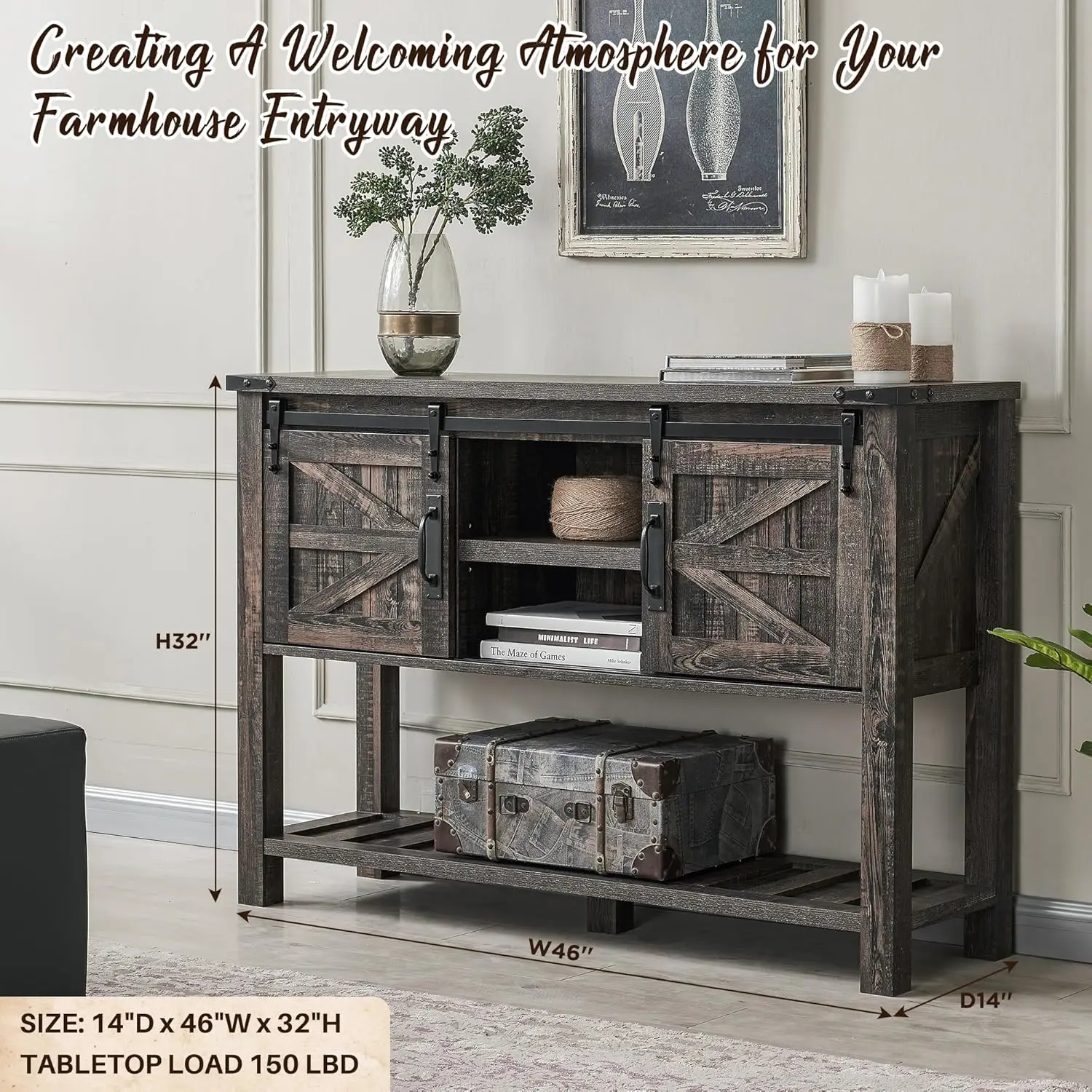 Farmhouse Console Table with Sliding Barn Doors, Rustic Sofa Table, Storage Shelf, Behind Couch, 46"