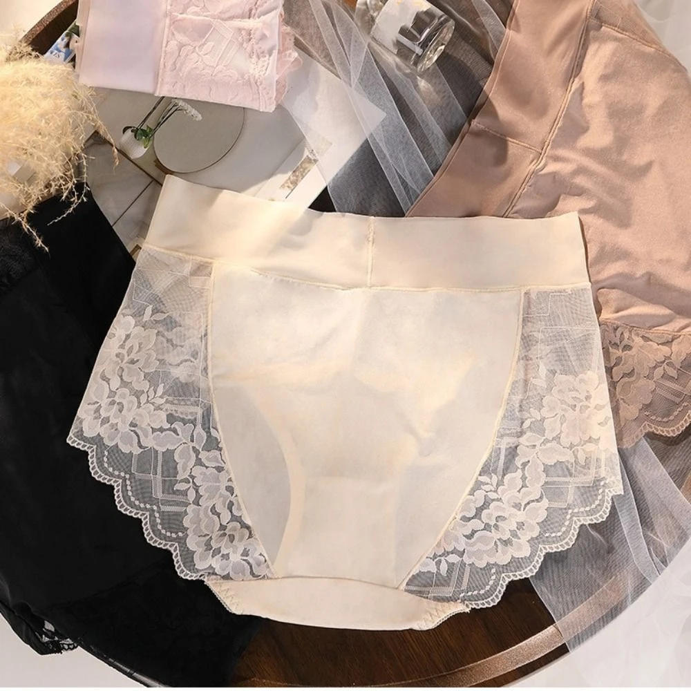 

Дышащие тонкие женские кружевные трусики с цветочным узором, большие размеры, с высокой талией, бесшовные, из шелка и сетки, женское нижнее белье