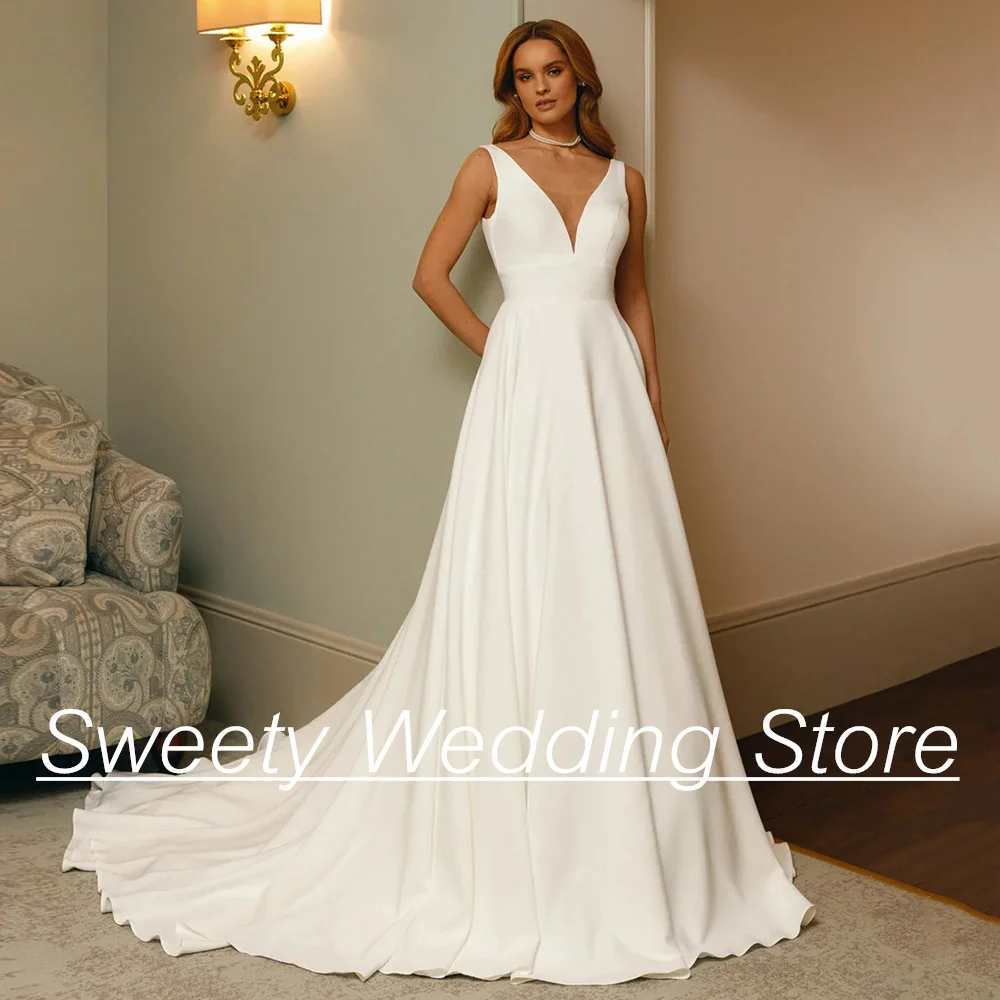 

2024 Simple Wedding Dress Sexy V Neck Sleeveless Back Buttons Bow Sweep Train A Line Jersey Bridal Gown for Bride Robe Mariee