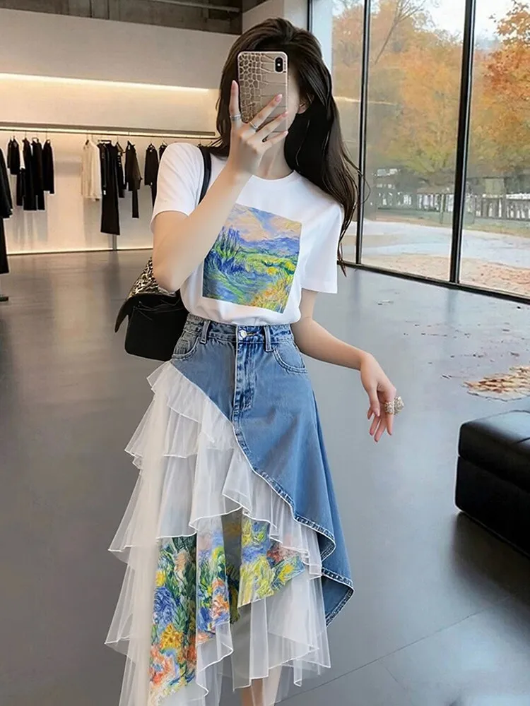 korean summer new oil painting printed short sleeved t-shirt for women