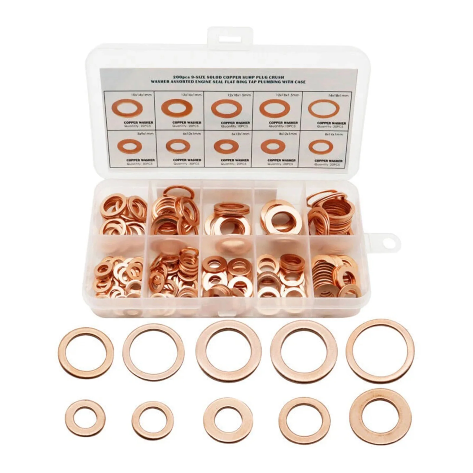 200 قطعة جوانات نحاسية محاصرة حلقات دائرية لختم الزيت جوانات مسطحة أجزاء أداة غسالات النحاس المصنوعة من الصلب