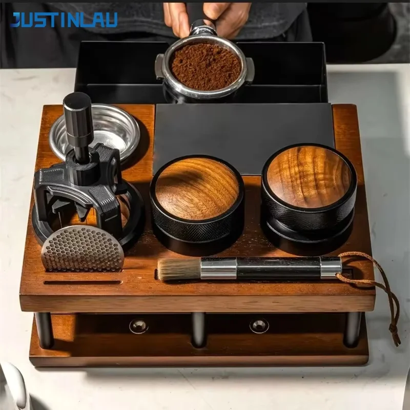 JUSTINLAU Coffee Tamper Station Stand with Knock Box Wooden Coffee Organizer Box for Portafilter Tamper Distributor &Puck Screen