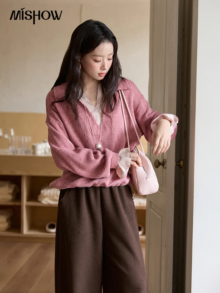 MISHOW Imitacja Dwuczęściowej Bluzki Damskiej Jesień Zima 2025 Francuski Styl Stójka Koszule Luźne Długie Rękawy Top MXE51Z2625