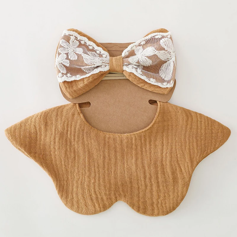 

2Pcs/Lot Baby Bandana Bibs Lace Hair Bows Headbands for Baby Girls Solid Color Saliva Towel Feeding Burp Cloth Scarf Headwear