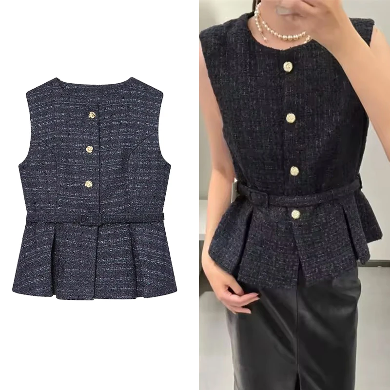 Chique moda textura colete mulher cinto coletes para mulheres sem mangas jaqueta o pescoço streetwear colete vintage colheita topo ﻿