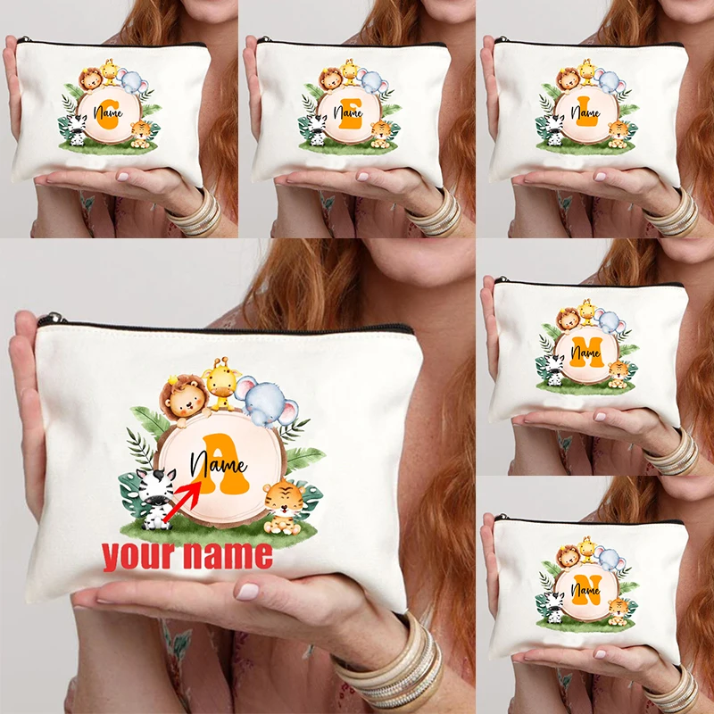 

Initials A-Z Customize Name Cosmetic Bag Lion Giraffe Wreath Pencil Case White Zip Storage Pouch Teacher Lover Gift Personalized