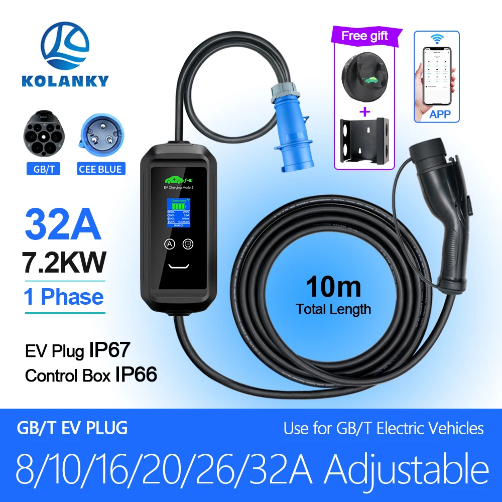 

KOLANKY 32A 7kw EV Charger Mobile GBT China Standard Charging Wallbox Tuya App Wifi Control For Chinese Electric Vehicle Car 10M